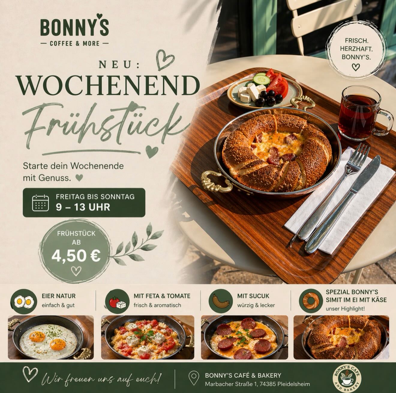 Wochenend-Frühstück bei Bonny's: Simit im Ei mit Käse, Eier-Variationen, Frühstücksteller